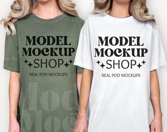 Comfortkleuren 1717 mos-wit shirtmodel, CC1717 dubbel shirtmodel, echt modelmodel, mockup vriendenpaar, vrijgezellenfeestmodel