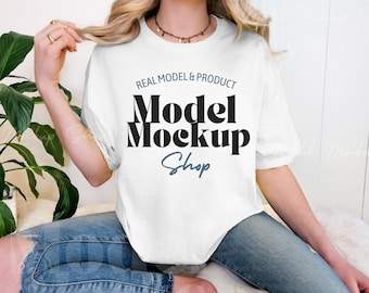 Gildan 5000 White Mockup, White t-shirt Mockup, Oversized Tee Shirt, Real Model Mock, Simple Styled Trendy Casual Aesthetic Shirt Mock