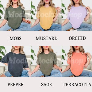May include: Six short-sleeved t-shirts in various colors: moss, mustard, orchid, pepper, sage, and terracotta. Each shirt is displayed on a person. The names of the colors are printed below each shirt. The shirts have a relaxed fit.