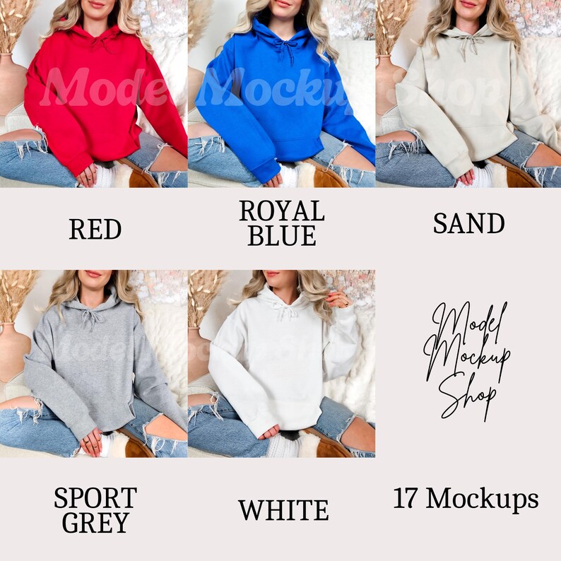 Op de afbeelding: Een set van 17 mockups met een vrouw die een hoodie draagt in verschillende kleuren, waaronder rood, koninklijk blauw, zand, sport grijs en wit. De mockups zijn perfect om ontwerpen op hoodies te presenteren.