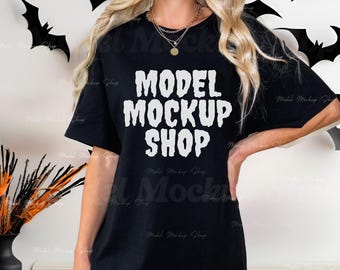 Comfort Colors C1717 Halloween Tshirt Mockup Black, Real Model Mock, 1717 Black Halloween Mock Up, Spooky Themed Halloween Shirt Mockup