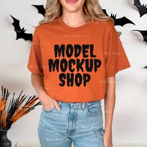 Gildan 5000 Halloween Shirt Mockup - Texas Orange Tshirt Mock - Real Human Model - Orange T Shirt Mockup - Spooky Trendy Aesthetic Halloween
