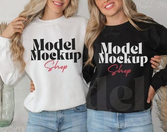 White and Black Crewneck Gildan 18000 Mockup, Double Shirt Mockup, Two Models Mockup, Friends Mockup, Bachelorette Mockup, Crewneck mock
