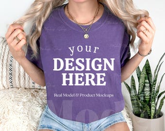 Comfort Colors 1717 Grape T-shirt Mockup, Real Model (Digital Download)