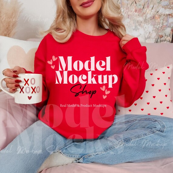 Gildan 18000 Valentines Red Sweatshirt Mockup, Gildan Crewneck Sweatshirt Mock, Real Model Mock, Trendy Aesthetic Red Valentines Day Mock