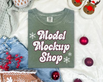 Comfort Colors Moss Shirt Christmas Flat Lay Mockup, CC1717 Moss CHRISTMAS tshirt Flat Lay Mockup, Retro Christmas Shirt Flaylay Mock up