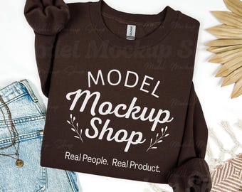 Dark Chocolate Gildan 18000 Sweatshirt Mockup: Folded Boho Flat Lay