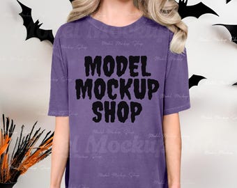 Comfort Colors C1717 Halloween Tshirt Mockup Grape, Real Model Mock, CC1717 Purple Tee Shirt Halloween Mock, Purple Halloween Shirt Mockup