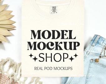 Comfort Colors 1717 Ivory Flat Lay Mockup, Comfort Colors Flat Lay Mock up, CC1717 Ivory Tshirt Mock, Short Sleeve Folded Boho Shirt Mockup