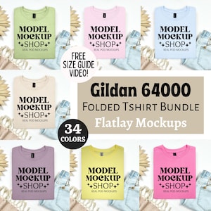 Gildan 64000 Tshirt Flat Lay Mockup Bundle, G640 Folded T-Shirt Flatlay Bundle, Real Product, Trendy Aesthetic Boho Gildan Flat Lay Shirt