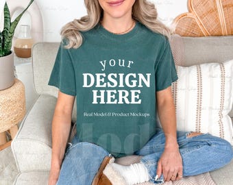 Blue Spruce Comfort Colors 1717 T-Shirt Mockup, Boho (Digital Download