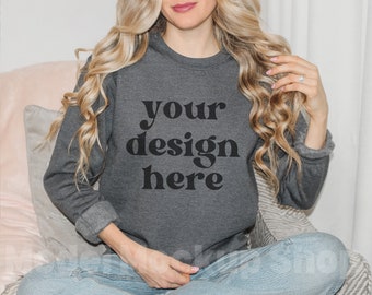 Gildan 18000 Mockup | Dark Heather Sweatshirt Mockup | Sweatshirt Model Mockup | Gildan Dark Grey Heavy Blend Sweatshirt Mock ups