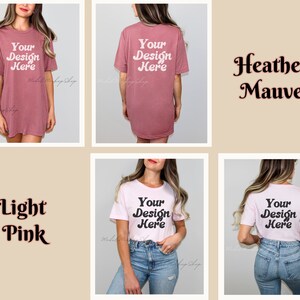 May include: Three images of a t-shirt mockup in different colors. The first image shows a heather mauve t-shirt with the text "Your Design Here" in a retro font. The second image shows a light pink t-shirt with the text "Your Design Here" in a retro font. The third image shows a white t-shirt with the text "Your Design Here" in a retro font.