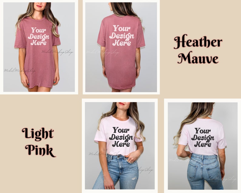May include: Three images of a t-shirt mockup in different colors. The first image shows a heather mauve t-shirt with the text "Your Design Here" in a retro font. The second image shows a light pink t-shirt with the text "Your Design Here" in a retro font. The third image shows a white t-shirt with the text "Your Design Here" in a retro font.