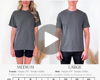Comfort Colors 1717 Video Size Chart, Male Female Comfort Colors 1717 Video Mockup, Video Size Guide Comfort Colors POD T-Shirt Sizing Guide