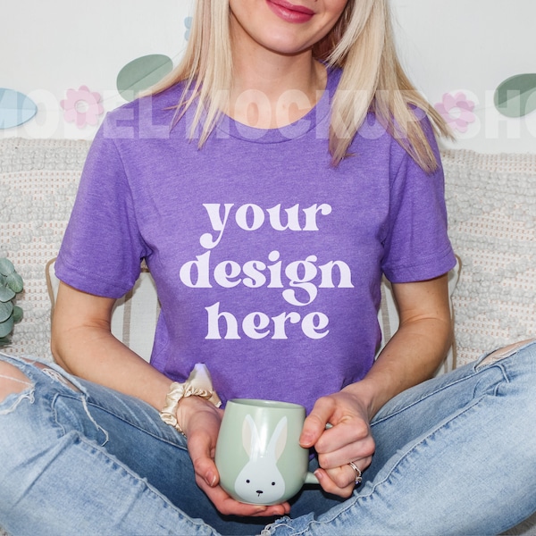 Bella & Canvas 3001 TShirt Mockup - Easter Mockup - Bella Canvas Shirt - Heather Team Purple Shirt Mockup - Tee Mockup - Model Mockup