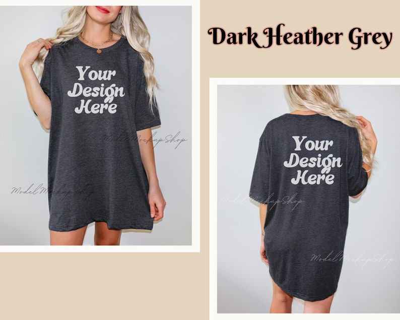 May include: A dark heather grey oversized t-shirt with short sleeves. The shirt has the text "Your Design Here" printed on the front and back in a white retro font.