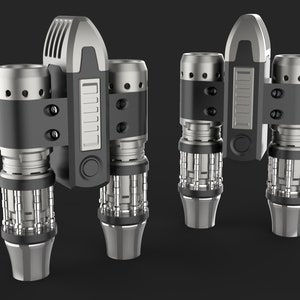 May include: A pair of silver and black jetpack propellers with a silver and black control panel in the center. The propellers have a series of small silver cylinders on the sides.