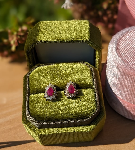 Vintage Art Deco Style Ruby Earrings Diamond Halo 