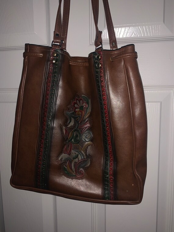 Vintage Vinyl Handbag Tote Brown Floral - image 1