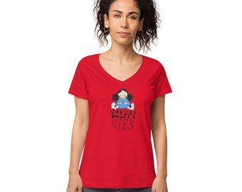 May include: Red V-neck t-shirt with a cartoon illustration of a girl with black hair and a blue dress. The text "Puffy Bites" is printed below the illustration.