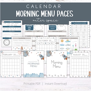 May include: A printable set of calendar and morning menu pages featuring an outer space theme. The pages include a calendar grid, a number of the day activity, a morning math activity, a weather tracker, a temperature tracker, and a space-themed illustration.