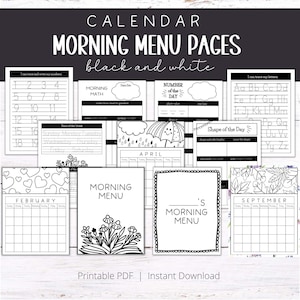 Morning Menu Pages | Homeschool Morning Basket | Calendar Pages | Morning Time | Black and White