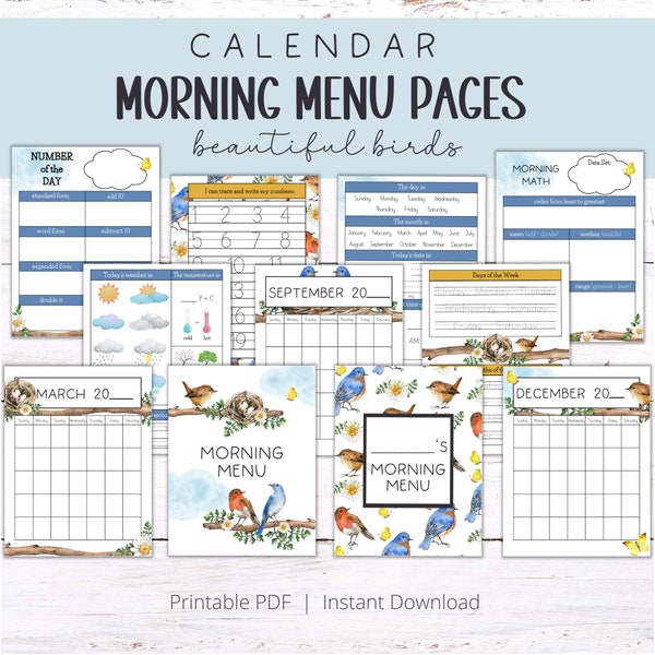 Morning Menu Pages | Homeschool Morning Basket | Calendar Pages | Morning Time |  Beautiful Birds