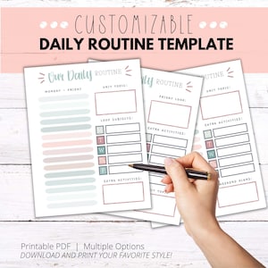 May include: Printable daily routine template with customizable sections for Monday through Friday, a Friday loop, extra activities, and weekend plans. The template has a light pink and blue color scheme.