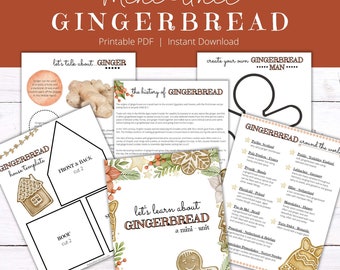 May include: A collection of printable educational materials about gingerbread. The image includes pages with text, illustrations of gingerbread men, gingerbread houses, and ginger root. The title reads "Mini-Unit GINGERBREAD".