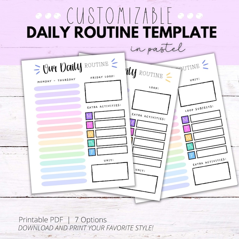 Pode incluir: Modelo de rotina di&aacute;ria imprim&iacute;vel em cores pastel. O modelo inclui se&ccedil;&otilde;es para segunda a quinta-feira, loop de sexta-feira, rotina di&aacute;ria e unidade. Cada se&ccedil;&atilde;o tem espa&ccedil;o para escrever atividades, mat&eacute;rias e atividades extras.