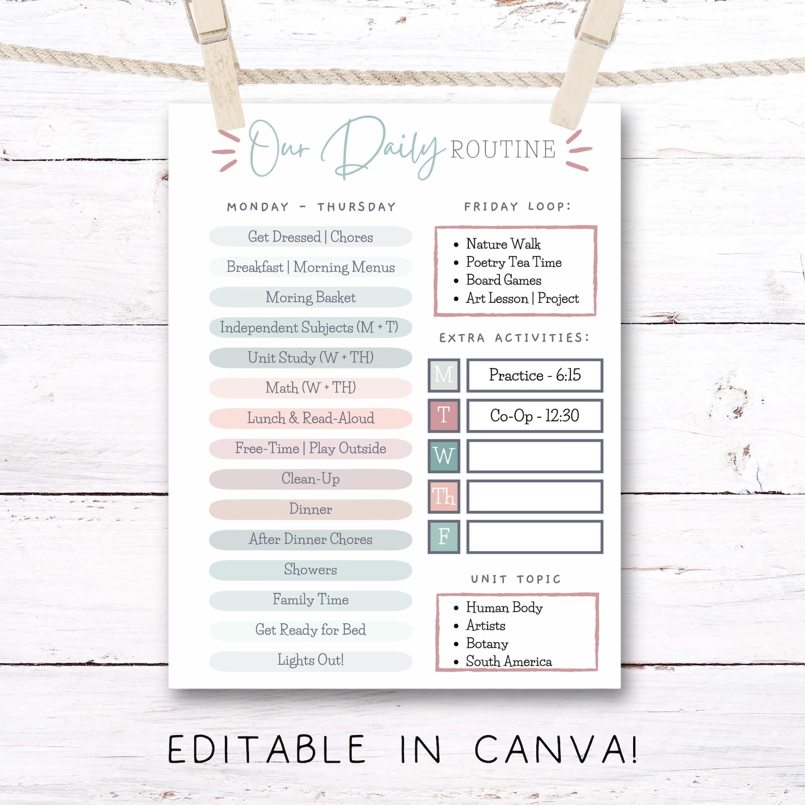 Daily Routine Template | Editable in Canva | Homeschool Routine | Daily ...