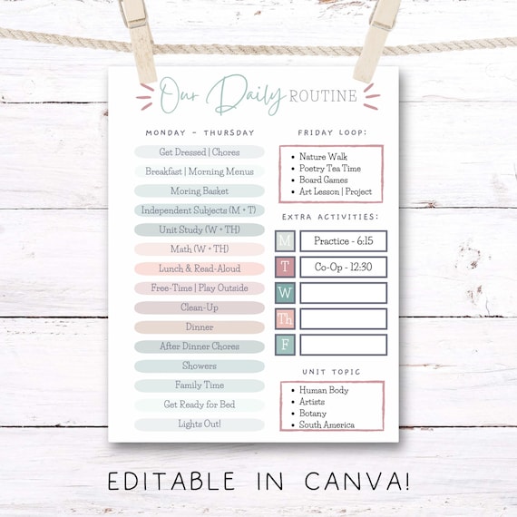 Daily Routine Template | Editable in Canva | Homeschool Routine | Daily Schedule Printable