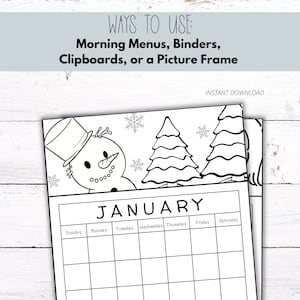 May include: Black and white printable January calendar featuring a snowman and pine trees. The calendar has spaces for each day of the week, Sunday through Saturday.  The text "JANUARY" is at the top of the calendar.