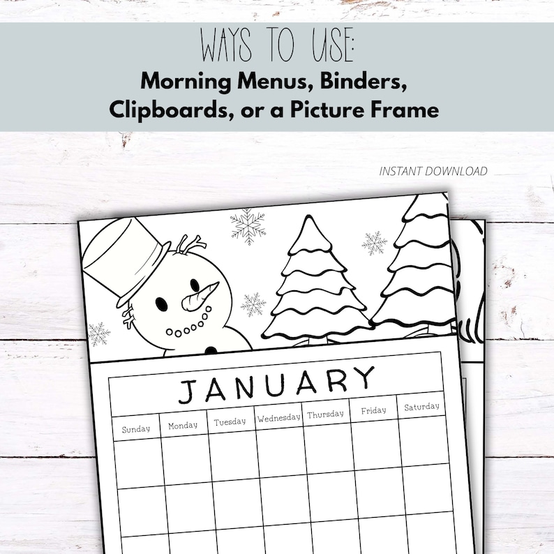 May include: Black and white printable January calendar featuring a snowman and pine trees. The calendar has spaces for each day of the week, Sunday through Saturday.  The text "JANUARY" is at the top of the calendar.