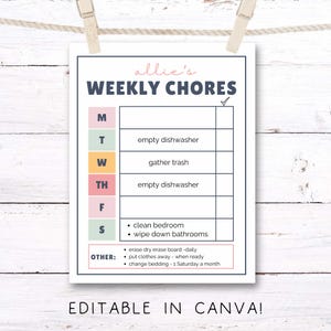 May include: A white weekly chore chart with a pink, yellow, and green color scheme, hanging from a wooden clothespin. The chart includes daily tasks like emptying the dishwasher and gathering trash. The text "EDITABLE IN CANVA!" is at the bottom.