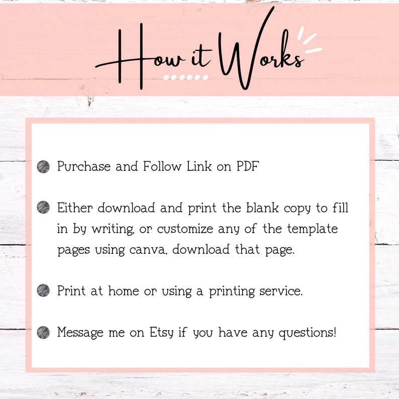 May include: A pink and white graphic with the words "How it Works" in black script. The text describes the steps: purchase and follow link on PDF, download and print, print at home, and message on Etsy.