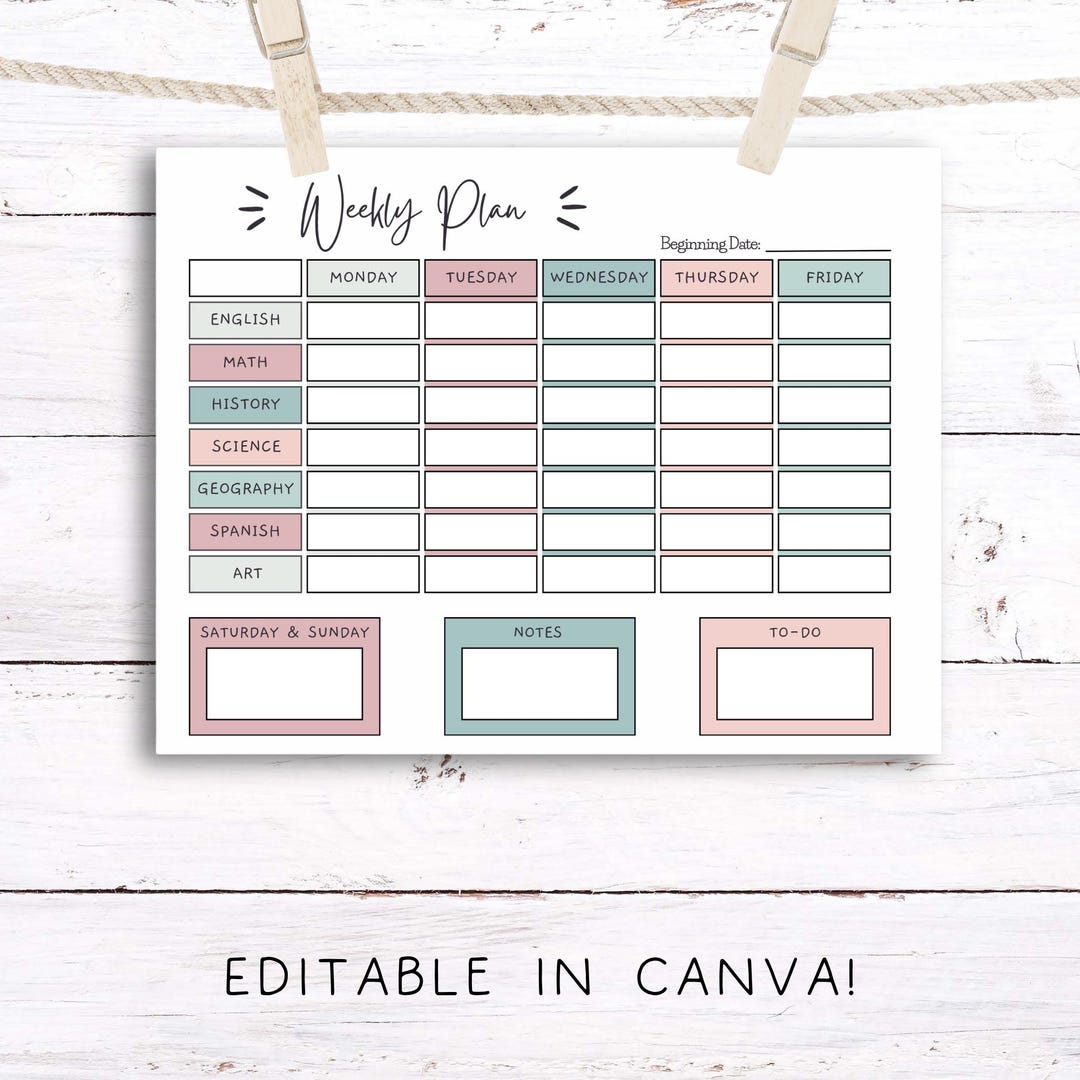 Weekly Homeschool Plan Canva Template | Editable Homeschool Planner ...