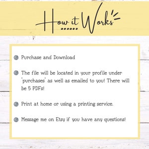 May include: A white background with a yellow border and black text that reads "How it Works".  Below the text are four bullet points with instructions on how to purchase and download a digital product. The instructions include information about where to find the file, how to print it, and how to contact the seller.