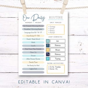 May include: A printable daily routine chart with a light blue and yellow color scheme, held by a wooden clothespin. The chart includes a schedule with subjects like Math, Lunch, and Free Time, and the text "EDITABLE IN CANVA!"