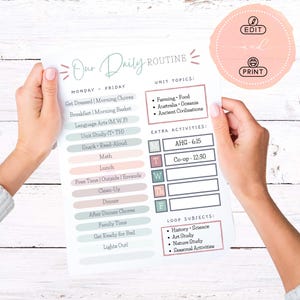 May include: A printed daily routine schedule held by hands. The schedule includes sections for Monday-Friday, unit topics, extra activities, and loop subjects. The schedule is in pastel colors with the words "Our Daily Routine" at the top.