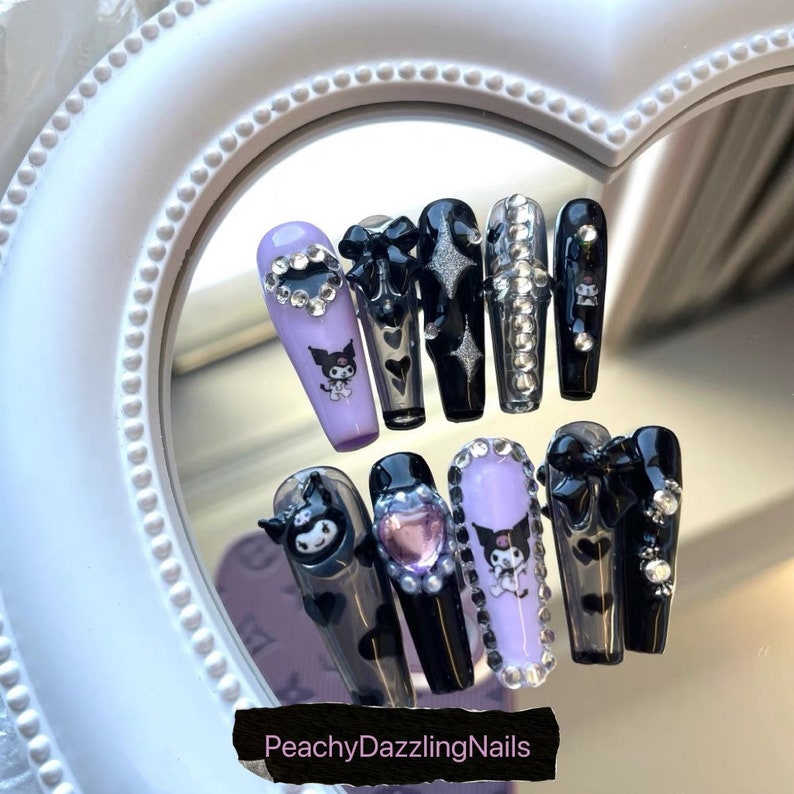 Kuromi Nails/long Coffin Ballerina Nails/y2k Nails/purple and - Etsy