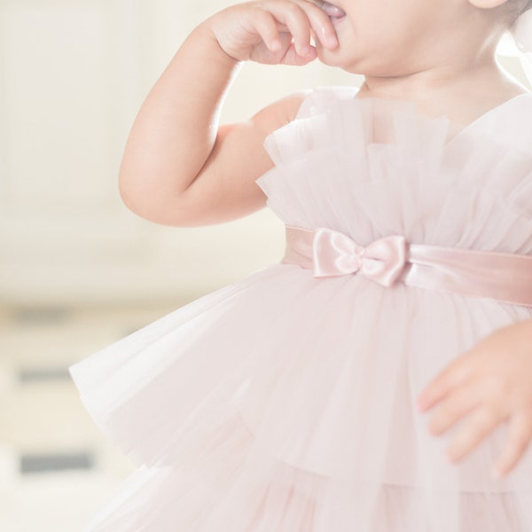 Robe de princesse Bébé  Robe Fleur Tulle Robe rose petites demoiselles d’honneur Robe premier anniversaire