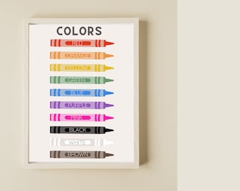 Könnte beinhalten: Ein druckbares Diagramm mit dem Wort "COLORS" oben und einer Reihe von Buntstiften mit ihren entsprechenden Farbnamen darunter: rot, orange, gelb, grün, blau, lila, rosa, schwarz, weiß und braun.