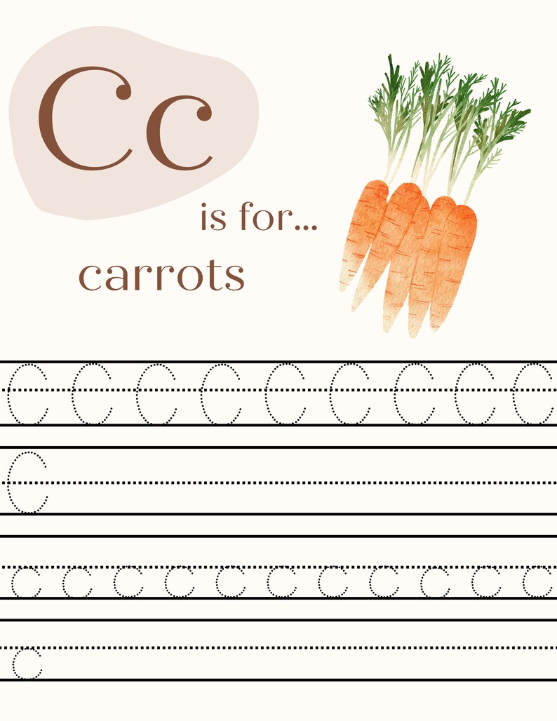 May include: A printable worksheet for learning the letter C. The letter C is shown in brown with a light brown background. The word "carrots" is written below the letter. A bunch of orange carrots with green tops are shown on the right side of the page. The worksheet includes dotted lines for tracing the letter C.
