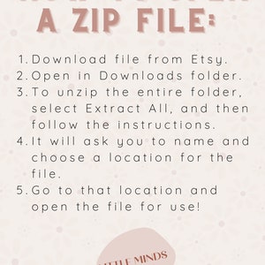 May include: A pink and white graphic with the text "HOW TO OPEN A ZIP FILE:" and a list of five steps on how to open a zip file. The graphic also includes the text "LITTLE MINDS education co."