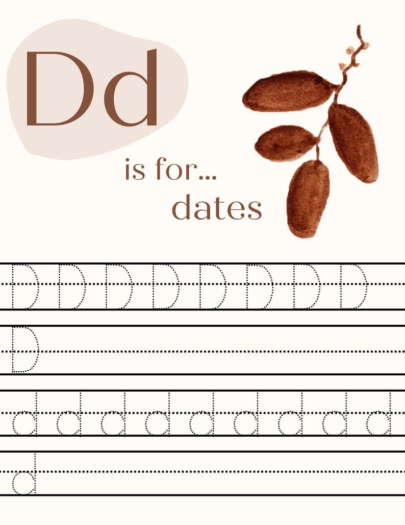 May include: A printable worksheet for learning the letter D. The letter D is shown in uppercase and lowercase with a brown watercolor illustration of dates. The worksheet includes dotted lines for tracing the letter D.