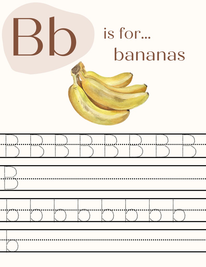 May include: A printable worksheet for learning the letter B. The letter B is shown in brown with a large capital B and a small lowercase b. The word "bananas" is written below the letter. A bunch of yellow bananas is shown to the right of the letter. The worksheet has dotted lines for tracing the letter B and b.