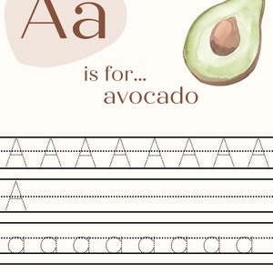 May include: A printable worksheet for learning the letter A. The letter A is shown in brown with a light brown background. The word "avocado" is written below the letter. A watercolor illustration of an avocado is shown on the right side of the page. The worksheet includes dotted lines for tracing the letter A in uppercase and lowercase.