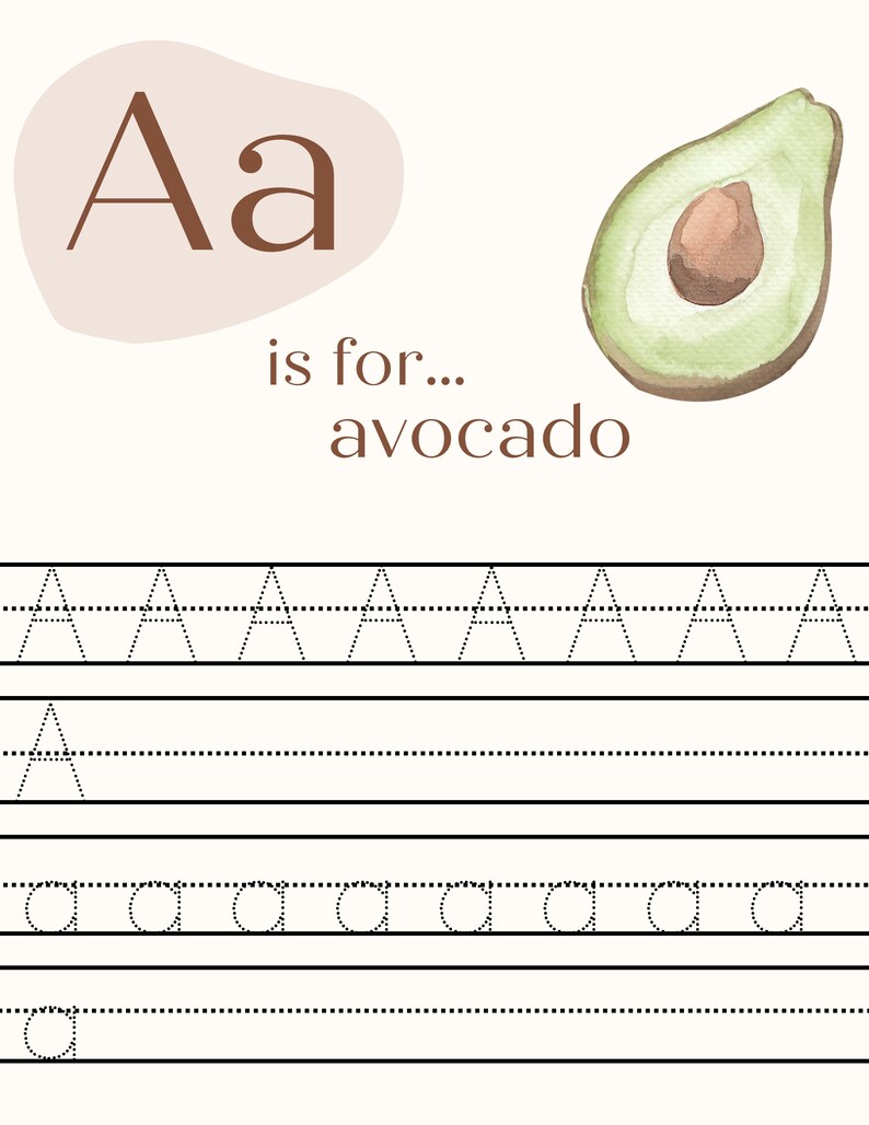 May include: A printable worksheet for learning the letter A. The letter A is shown in brown with a light brown background. The word "avocado" is written below the letter. A watercolor illustration of an avocado is shown on the right side of the page. The worksheet includes dotted lines for tracing the letter A in uppercase and lowercase.